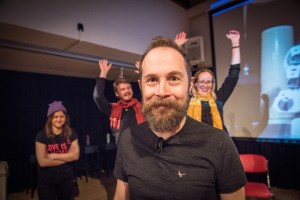 Boyd Branch, Holly Mallett, Roel Fox and Sarah Davies – Artificial Intelligence Improvisation by Improbotics at the Attenborough Arts Centre, Leicester Comedy Festival 2022 – Photo by Stuart Hollis