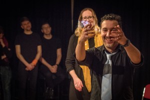Marouen Mraihi and Sarah Davies – Artificial Intelligence Improvisation by Improbotics at the Attenborough Arts Centre, Leicester Comedy Festival 2022 – Photo by Stuart Hollis