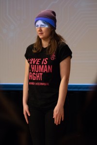 Holly Mallett – Artificial Intelligence Improvisation by Improbotics at the Attenborough Arts Centre, Leicester Comedy Festival 2022 – Photo by Stuart Hollis