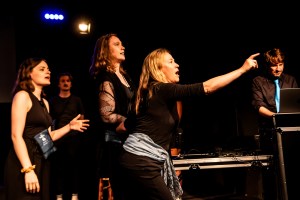 Photo: Lidia Crisafulli at AI Festival 2023. mprobotics Artificial Intelligence Improvisation feat. Jodie Irvine, Ben Lovell, Fiona Howat, Julie Flower and Piotr Mirowski.